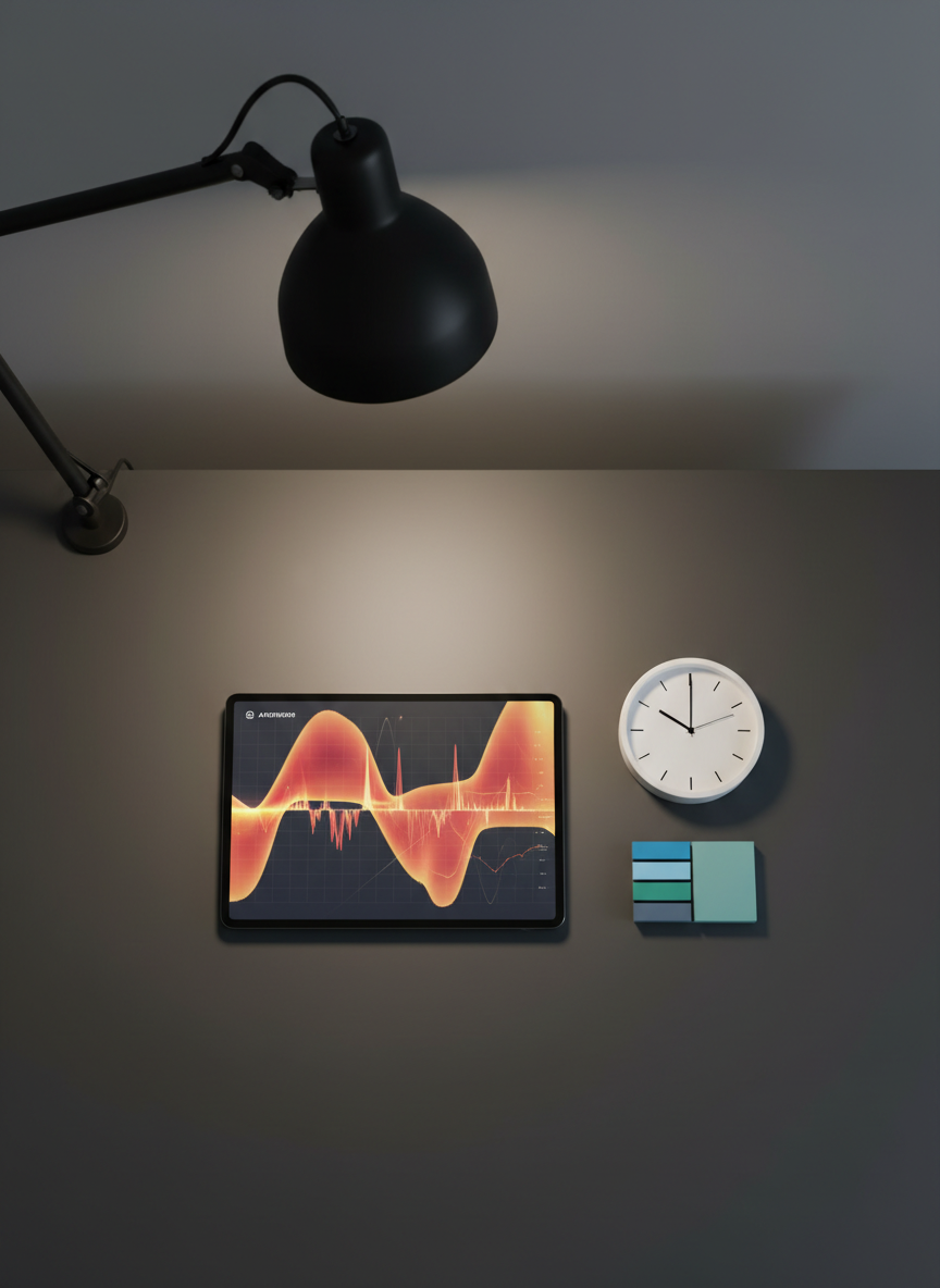 A dark, charcoal-gray desktop surface with a neatly arranged set of cognitive training tools: a slim tablet showing a heatmap visualization of attention over time, a minimalist analog clock with a white face and simple black hands, and a small stack of color-coded sticky notes in muted blues and teals. A single, matte-black desk lamp outside the frame casts focused, warm-white light that pools on the tablet screen and clock, leaving the edges of the desk gently in shadow. The mood is intensely focused yet calm, evoking deep work and mental clarity. Photographed from directly above in a flat-lay composition with sharp detail and a clean, modern, professional aesthetic.
