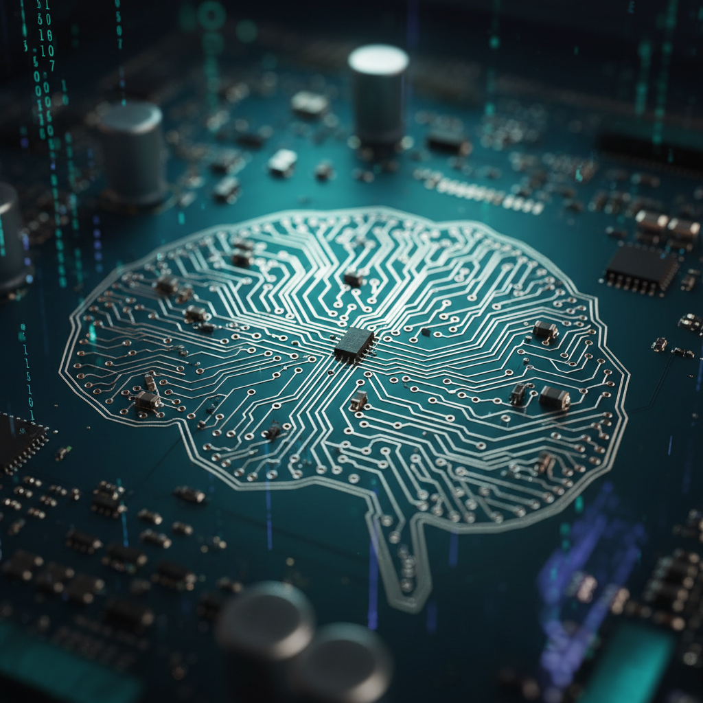 A close-up macro shot of a high-end neural-inspired circuit board, its pathways subtly forming the outline of a stylized brain. The board is a deep teal with fine silver traces and tiny components, illuminated by a mix of soft cyan and warm white accent lights that create gentle reflections on metallic surfaces. The background melts into a dark, velvety blur with hints of out-of-focus code projected faintly in the distance. The composition uses dramatic side lighting and shallow depth of field to highlight intricate details, evoking advanced AI, cognitive science, and powerful, precise mental training technology in a polished, photographic, high-tech style.