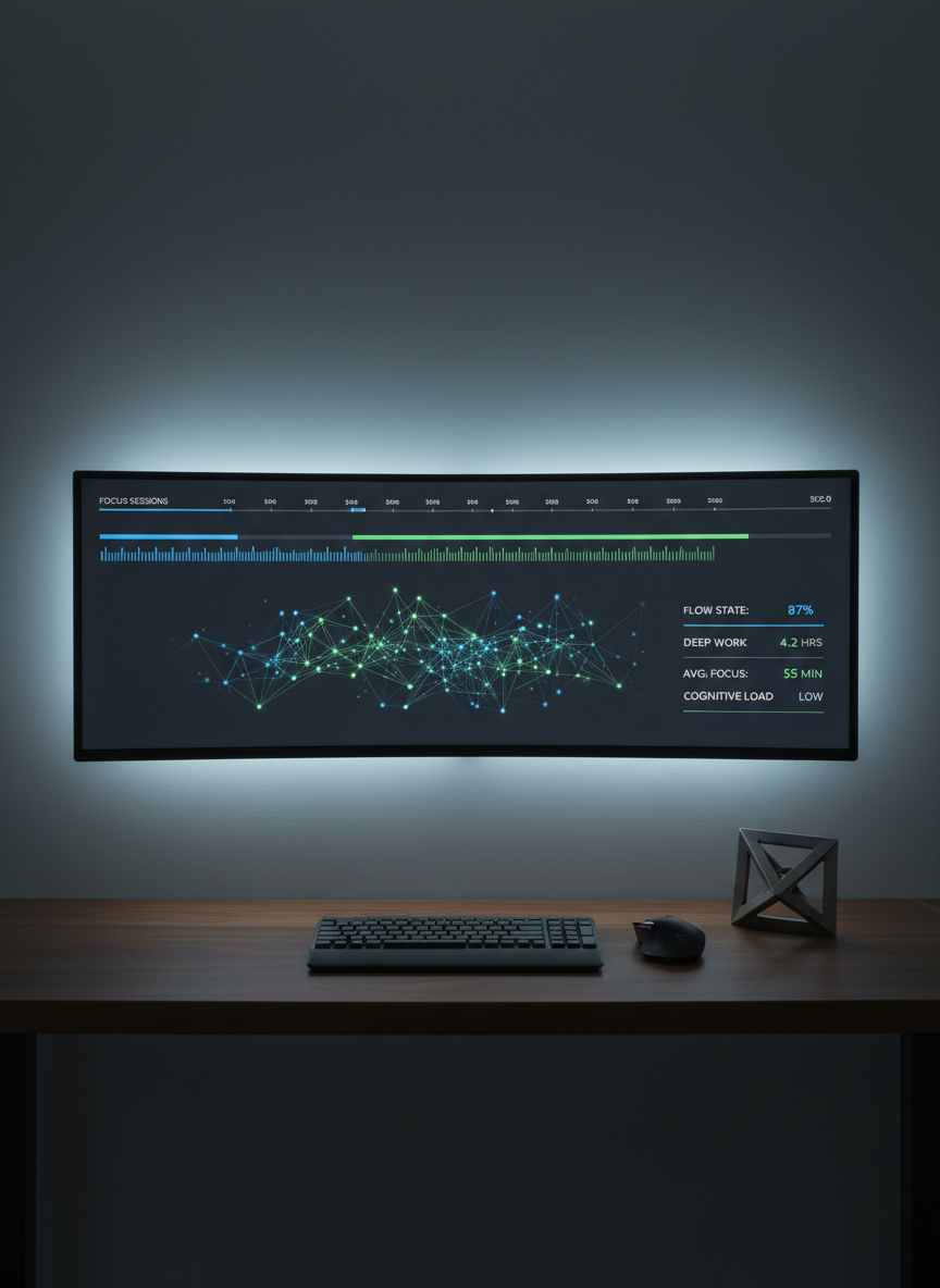 A large, wall-mounted ultra-wide monitor in a dim, minimalist workspace, displaying a sophisticated AI coaching interface: a clean timeline of focus sessions, subtle neural network graphics, and clearly labeled metrics in calm blues and soft greens on a dark background. Below, a compact wireless keyboard and low-profile mouse sit on a smooth walnut desk beside a single geometric metal sculpture. Cool, diffused LED bias lighting glows softly behind the monitor, creating a halo against a matte, slate-gray wall. Captured straight-on at eye level with photographic realism and moderate depth of field, the image feels high-tech, composed, and purpose-driven, emphasizing precision and long-term cognitive performance tracking.