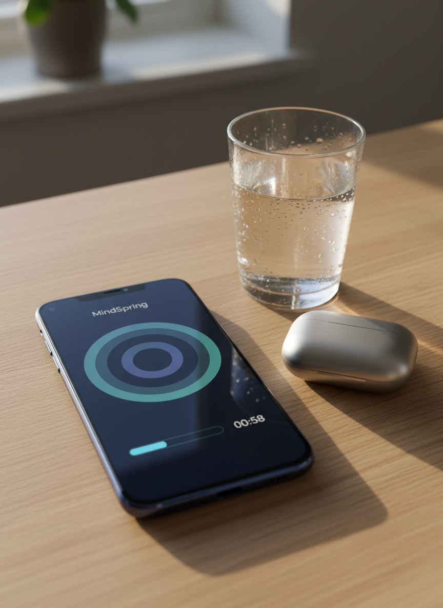 A close-up of a sleek, midnight-blue smartphone lying on a light oak tabletop, its high-resolution screen showing a MindSpring-style attention training session: colorful yet refined concentric circles, a clear progress bar, and a countdown timer against a deep navy interface. Next to the phone sits a small, brushed-aluminum wireless earbud case and a clear glass of water with condensation beads catching the light. Late afternoon natural light streams in from the side, casting crisp but gentle shadows and a soft glow on the glass rim. Shot from a slightly elevated angle with photographic realism, the composition uses the rule of thirds and a softly blurred background to emphasize precision, focus, and quiet productivity.