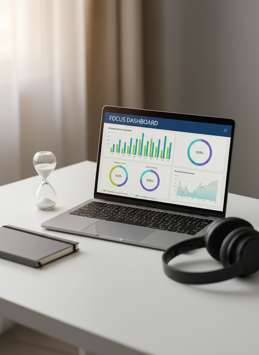 An elegant, matte-silver laptop open on a clean white desk, its screen displaying a vibrant, multi-colored attention-focus dashboard with graphs, progress rings, and calm blue accents. Around the laptop are a slim graphite notebook, a minimalist sand timer with fine white sand, and a pair of noise-cancelling headphones resting neatly beside it. Soft morning daylight from an unseen window washes across the scene, creating gentle reflections on the laptop keys and subtle shadows behind the objects. Photographed at eye level with a shallow depth of field, the background fades into a soft blur of neutral tones, conveying focus, clarity, and professional calm in a highly realistic, modern photographic style.